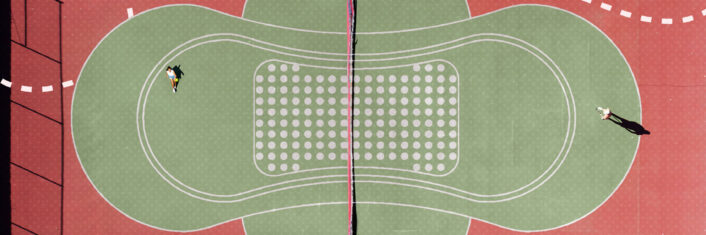 image shows tennis court from about with the green in the shape of a sanitary pad to signify periods in sport